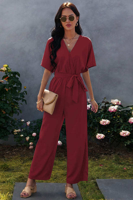 Tie-Waist Surplice Wide Leg Jumpsuit