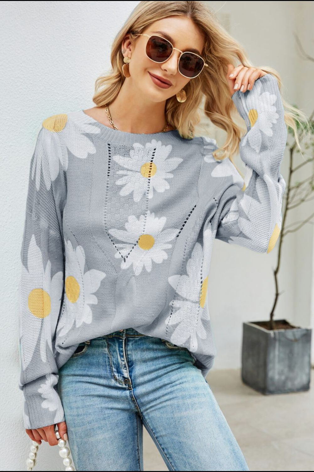 Daisy Print Openwork Round Neck Sweater