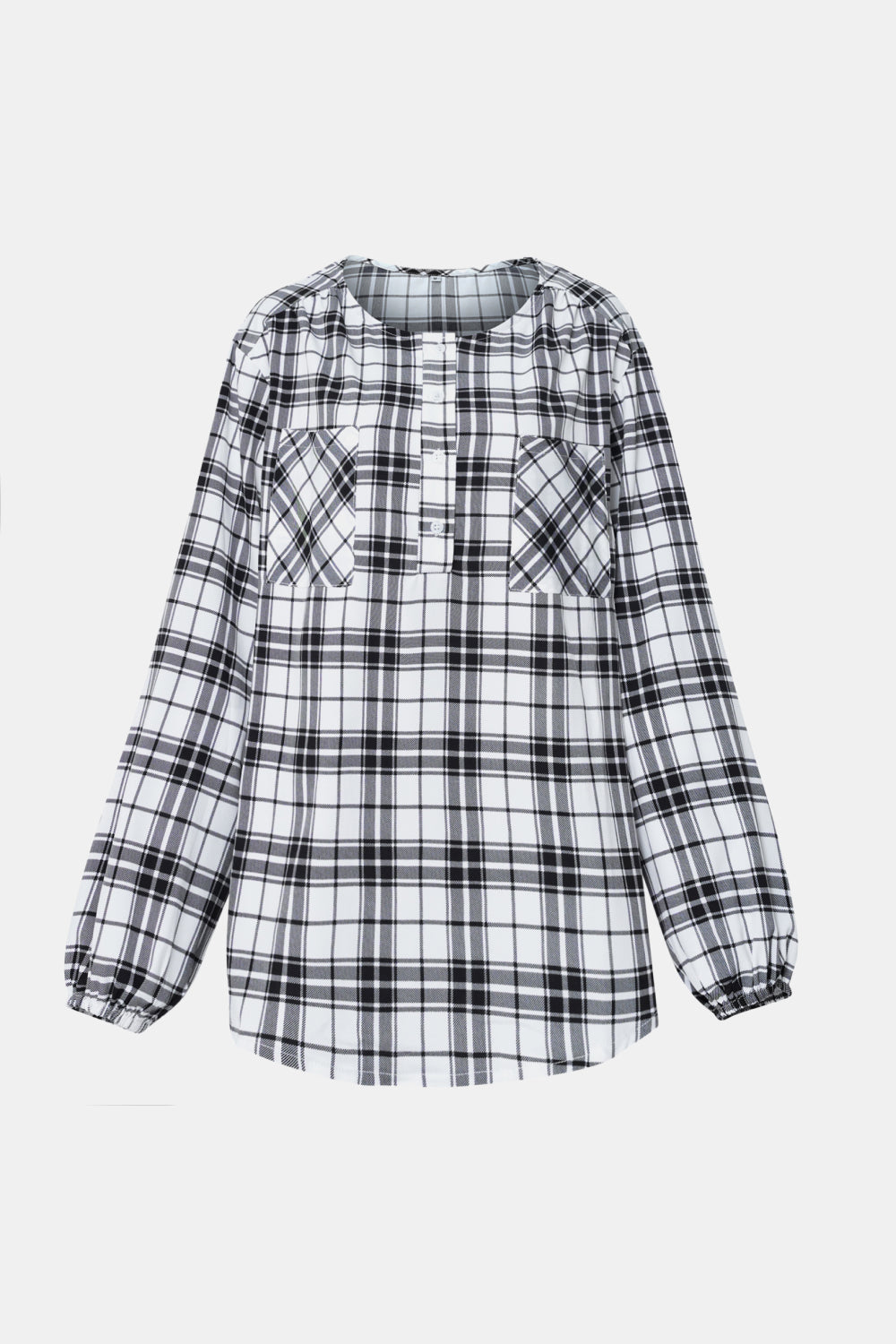 Plaid Scoop Neck Balloon Sleeve Henley