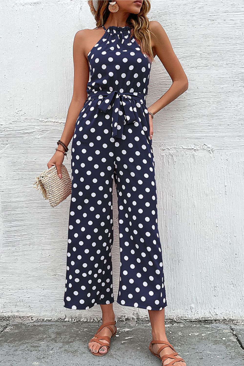 Polka Dot Grecian Wide Leg Jumpsuit