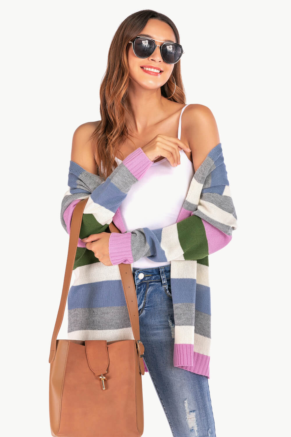 Multicolored Stripe Open Front Dropped Shoulder Cardigan