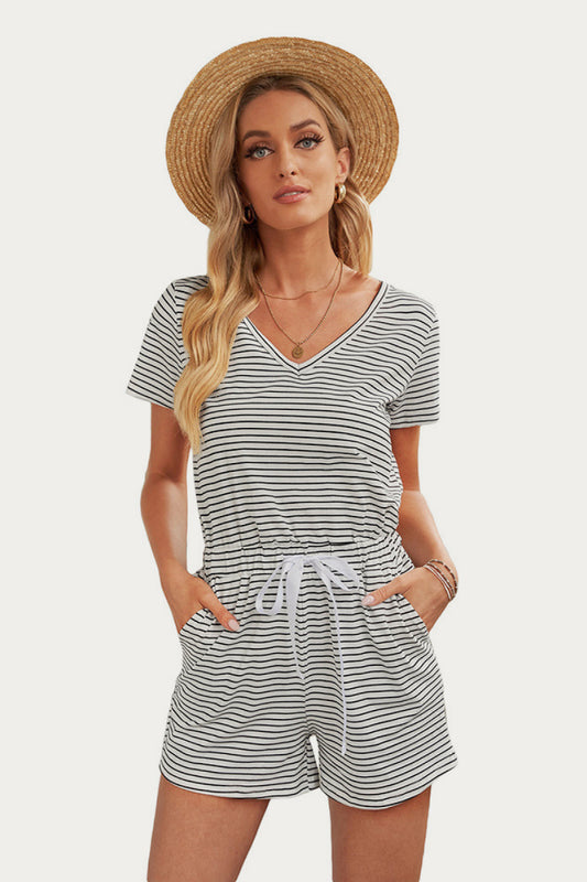 V Neck Striped Romper