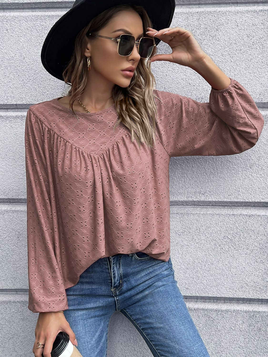 Openwork Gathered Detail Balloon Sleeve Blouse