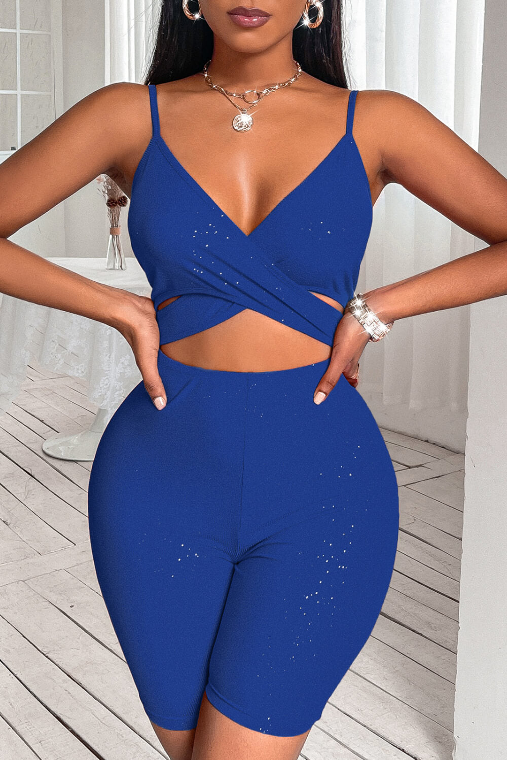 Crisscross Spaghetti Strap Cutout Ribbed Romper