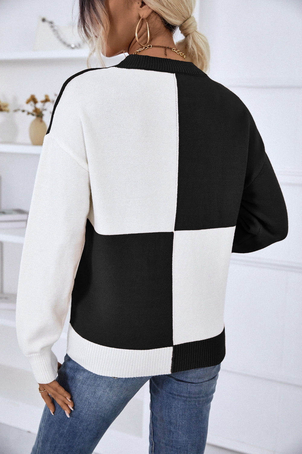 Color Block Ribbed Trim Dropped Shoulder Knit Pullover