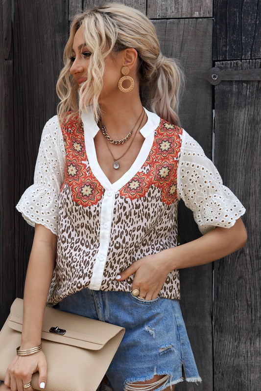 Mixed Print Eyelet Flounce Sleeve Buttoned Top