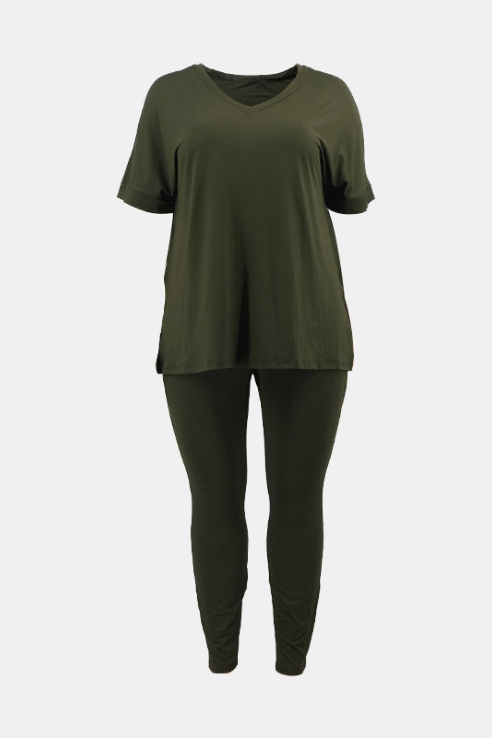 Plus Size V-Neck Slit Tee and Pants Set