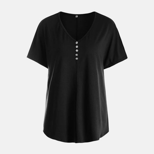 Decorative Button Curved Hem V-Neck Top