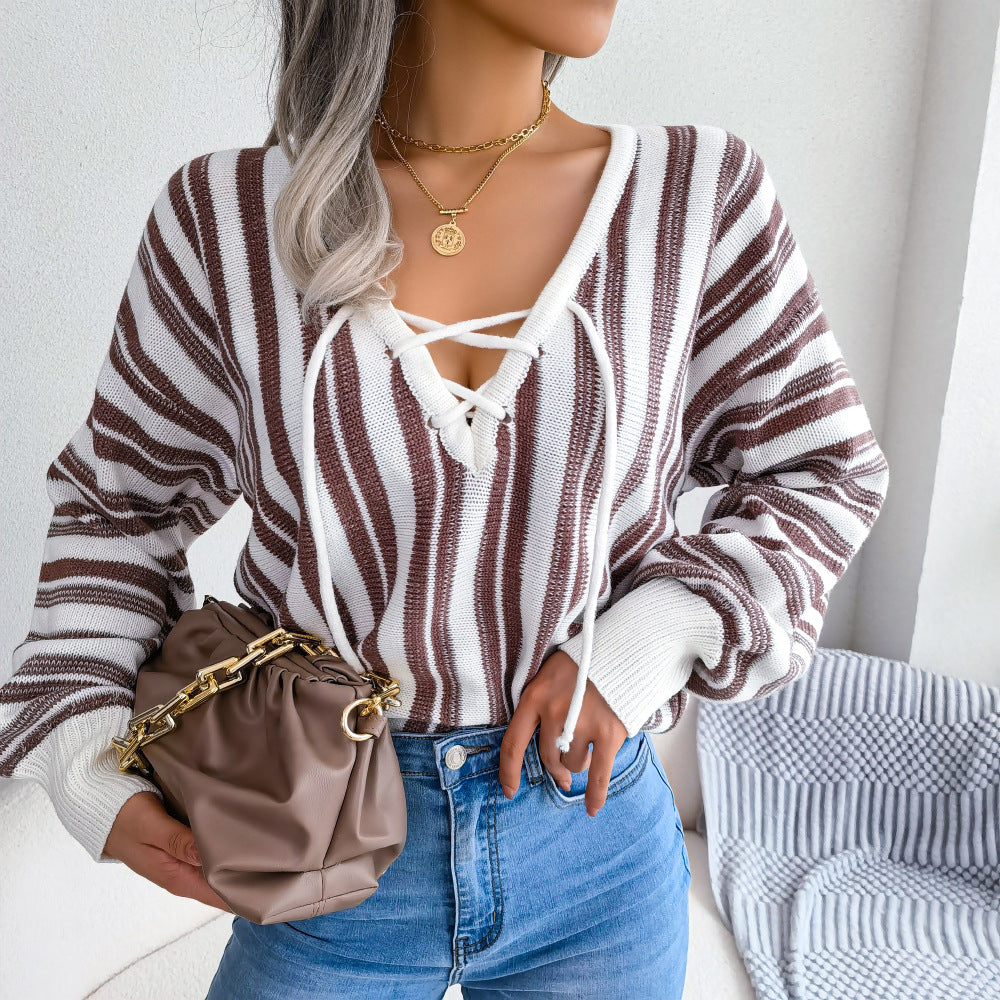 Striped Lace-Up V-Neck Sweater