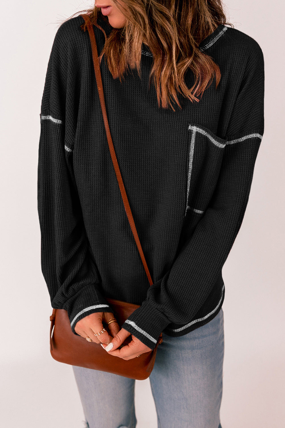 Contrast Stitching Waffle Knit Top