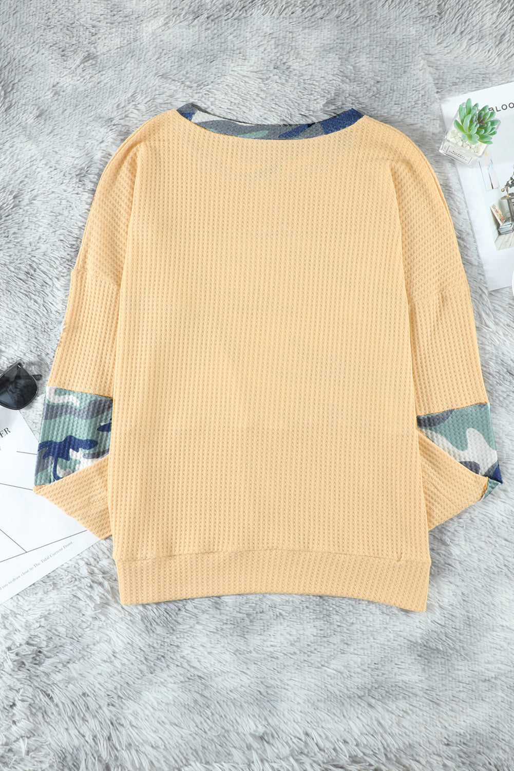 Camouflage Color Block Waffle Knit Pullover