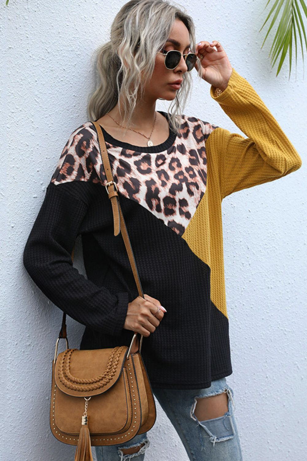 Leopard Color Block Waffle-Knit Top