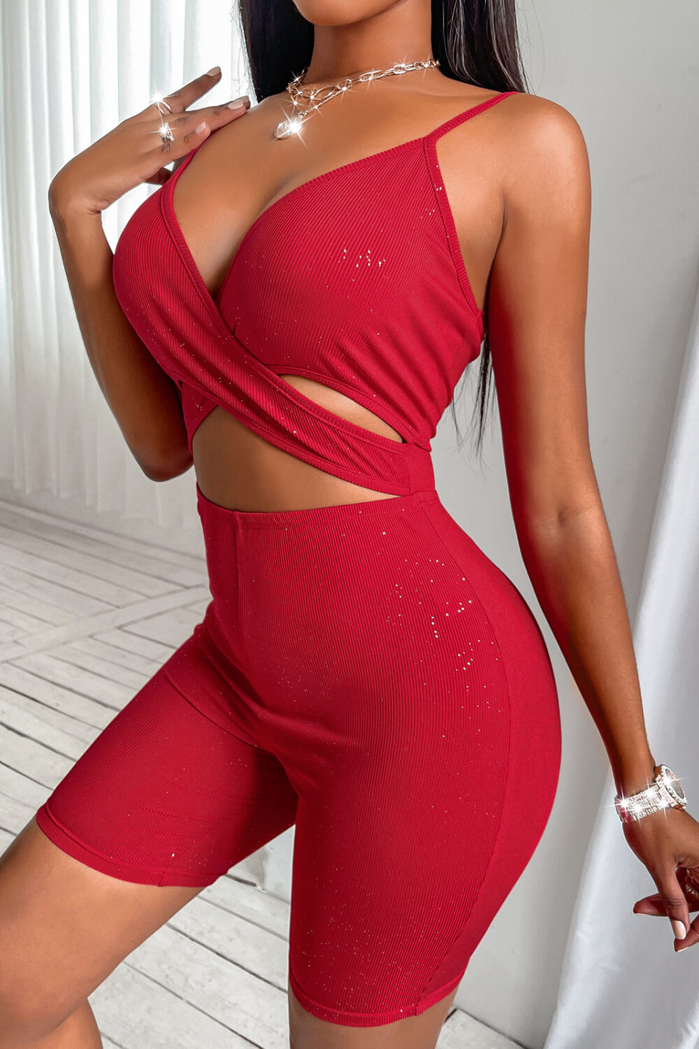 Crisscross Spaghetti Strap Cutout Ribbed Romper