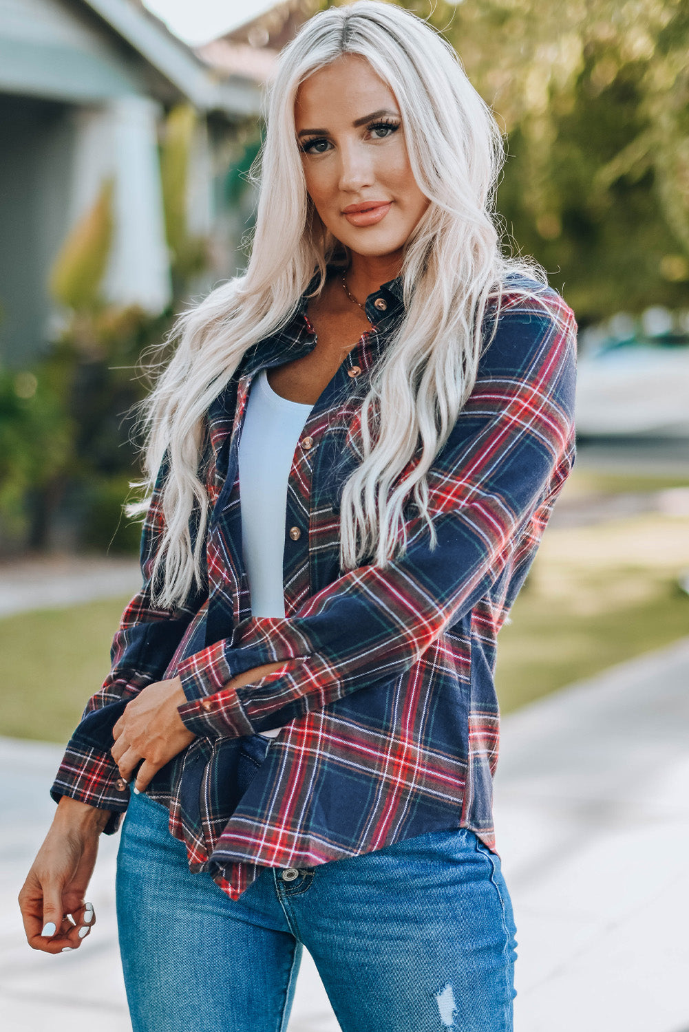 Plaid Long Sleeve Shirt with Breast Pockets