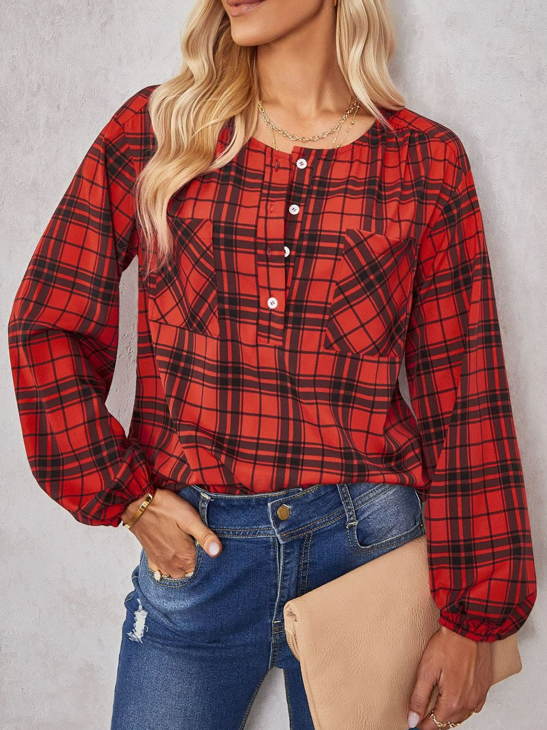 Plaid Scoop Neck Balloon Sleeve Henley