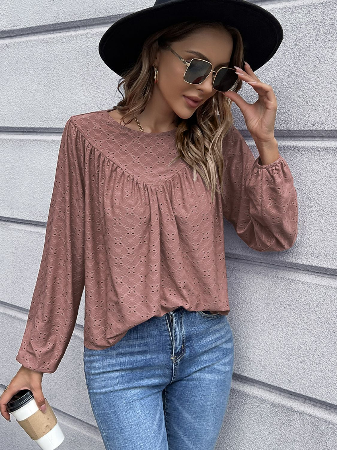 Openwork Gathered Detail Balloon Sleeve Blouse