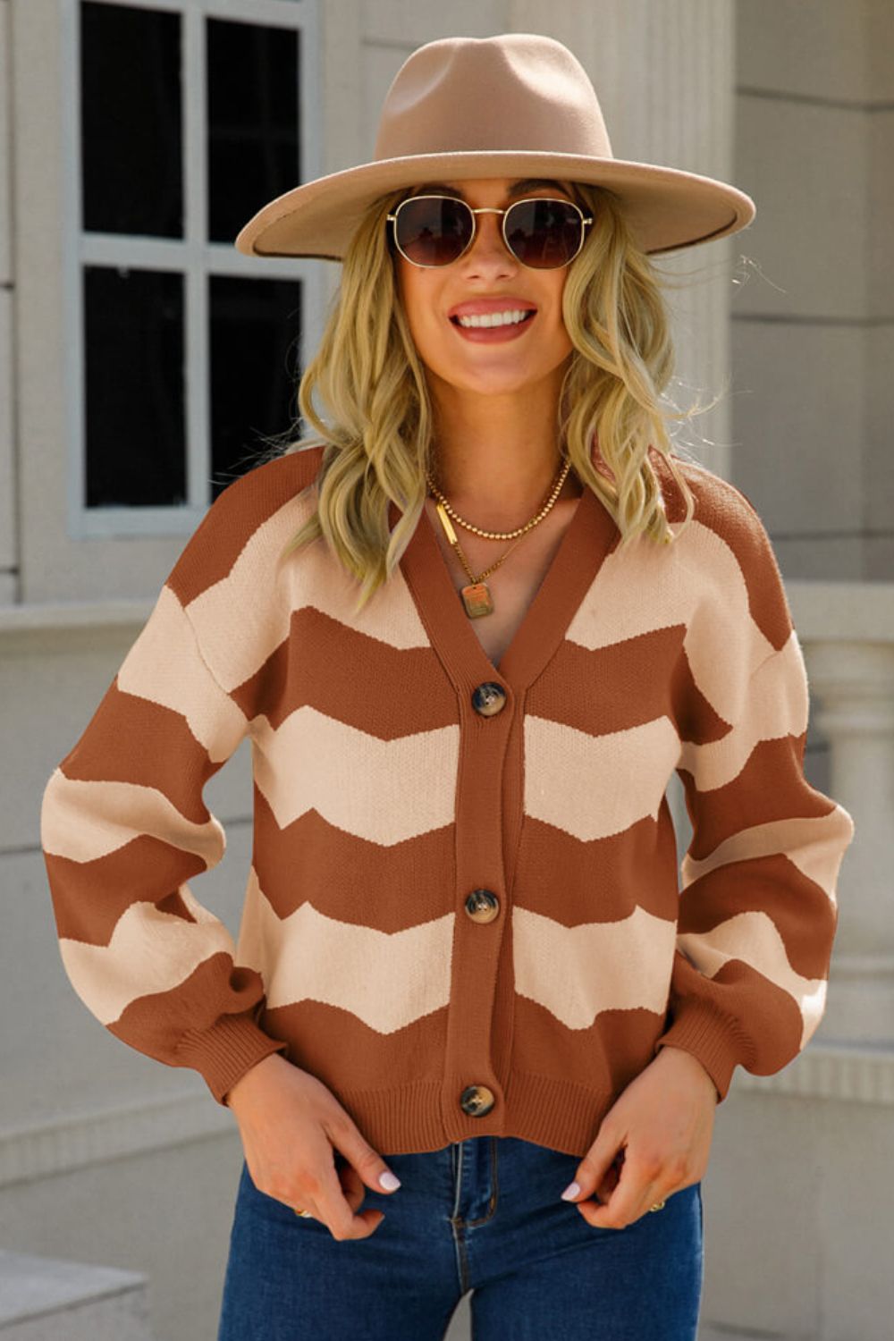 Two-Tone Chevron Dropped Shoulder Cardigan