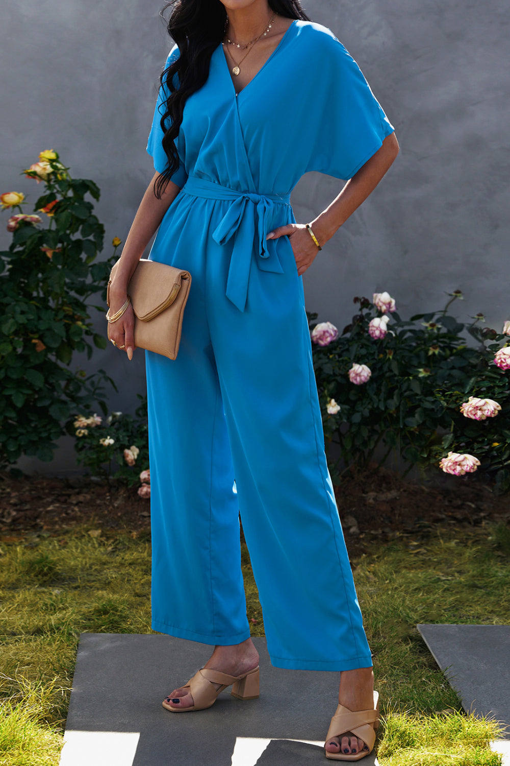 Tie-Waist Surplice Wide Leg Jumpsuit