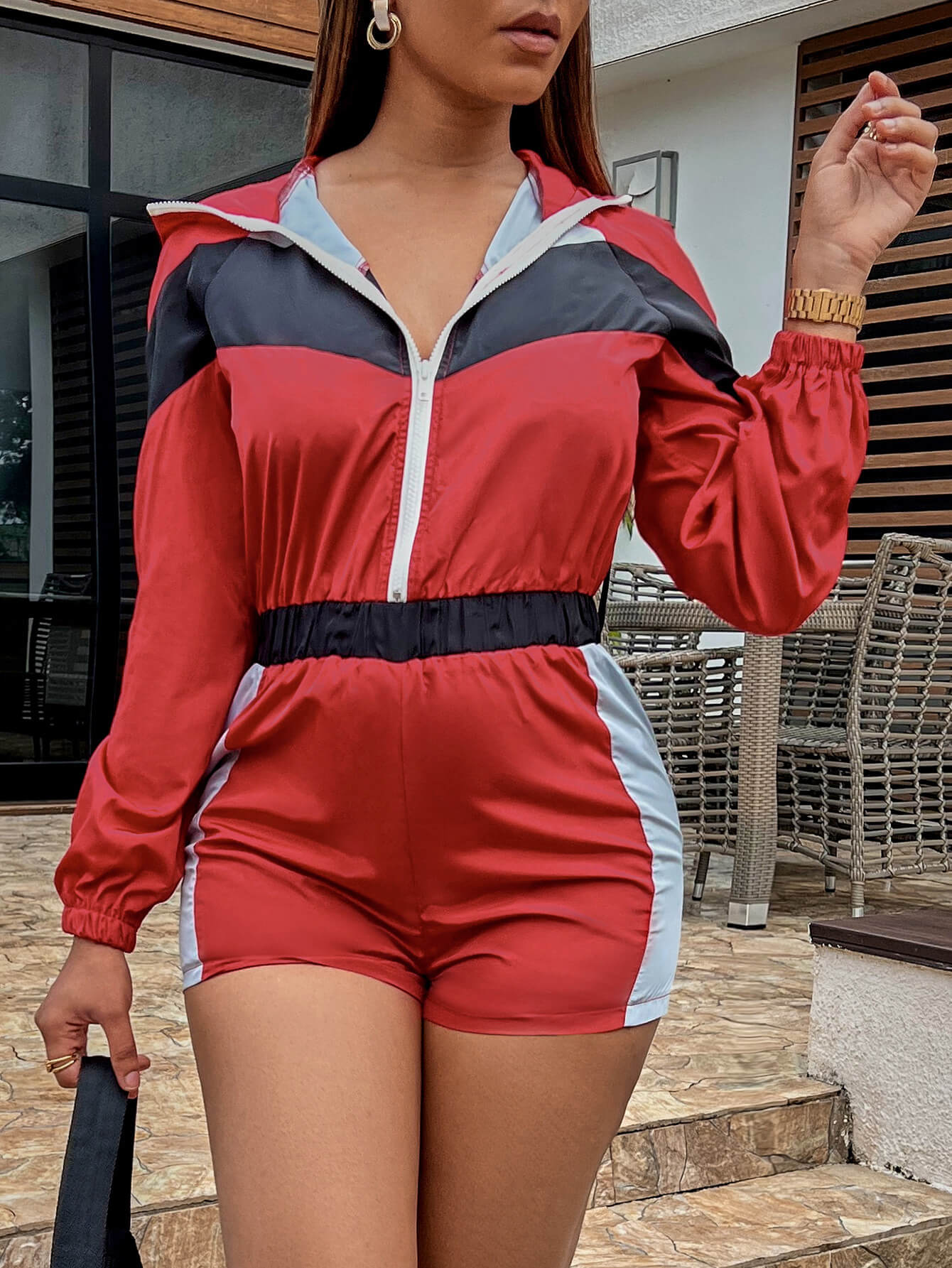 Color Block Zip Up Hooded Romper