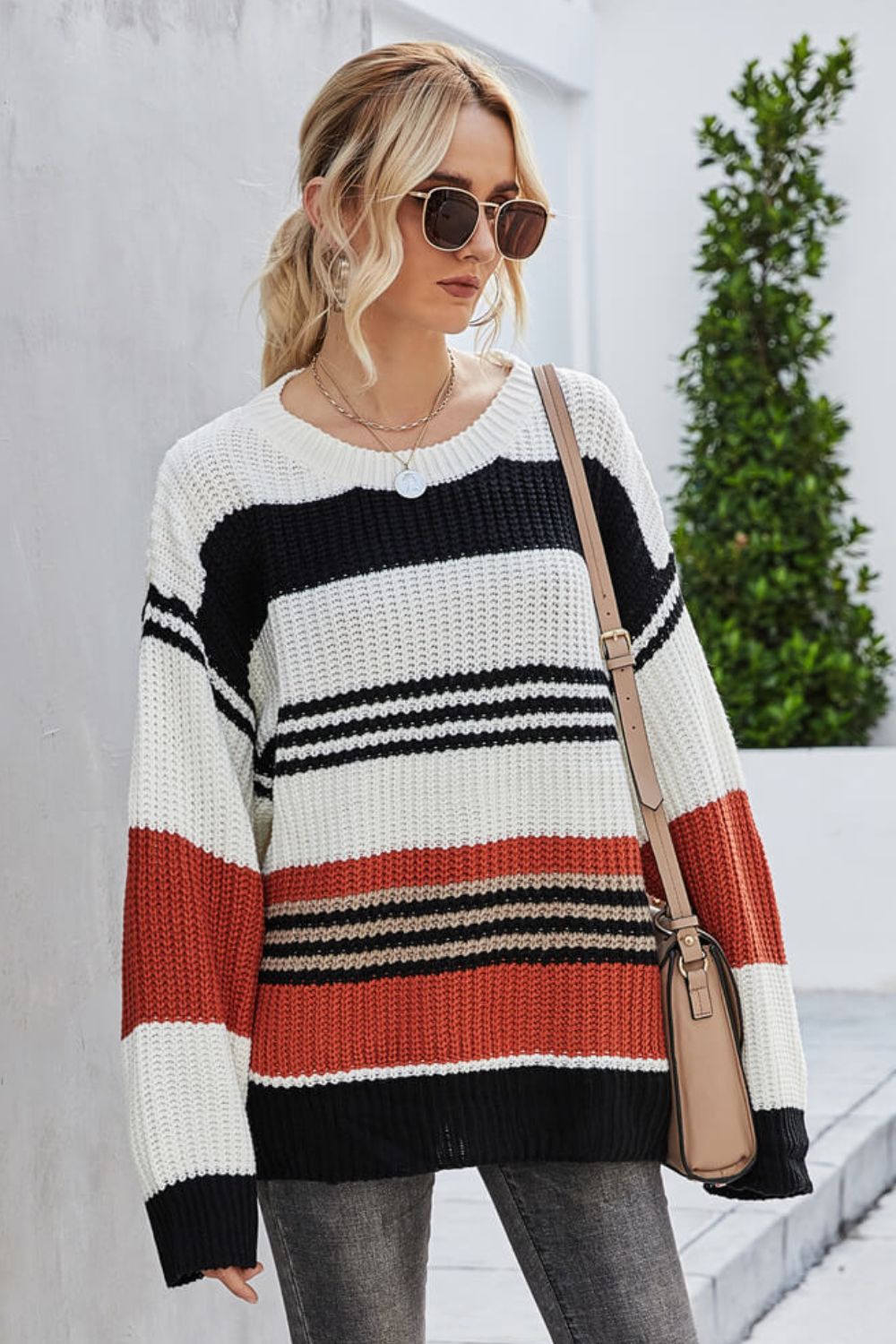 Striped Round Neck Dropped Shoulder Knit Pullover