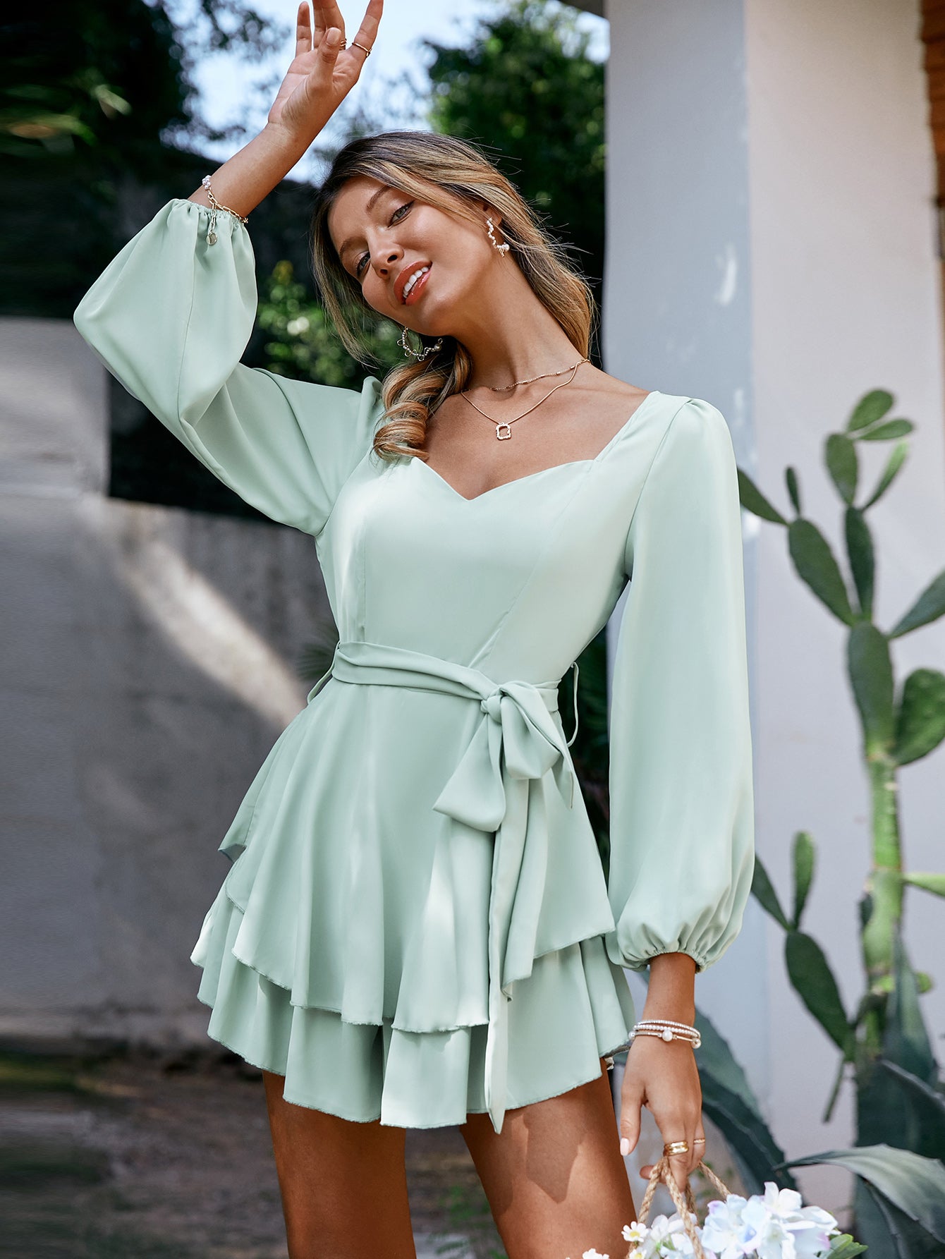 Tie-Waist Balloon Sleeve Layered Romper