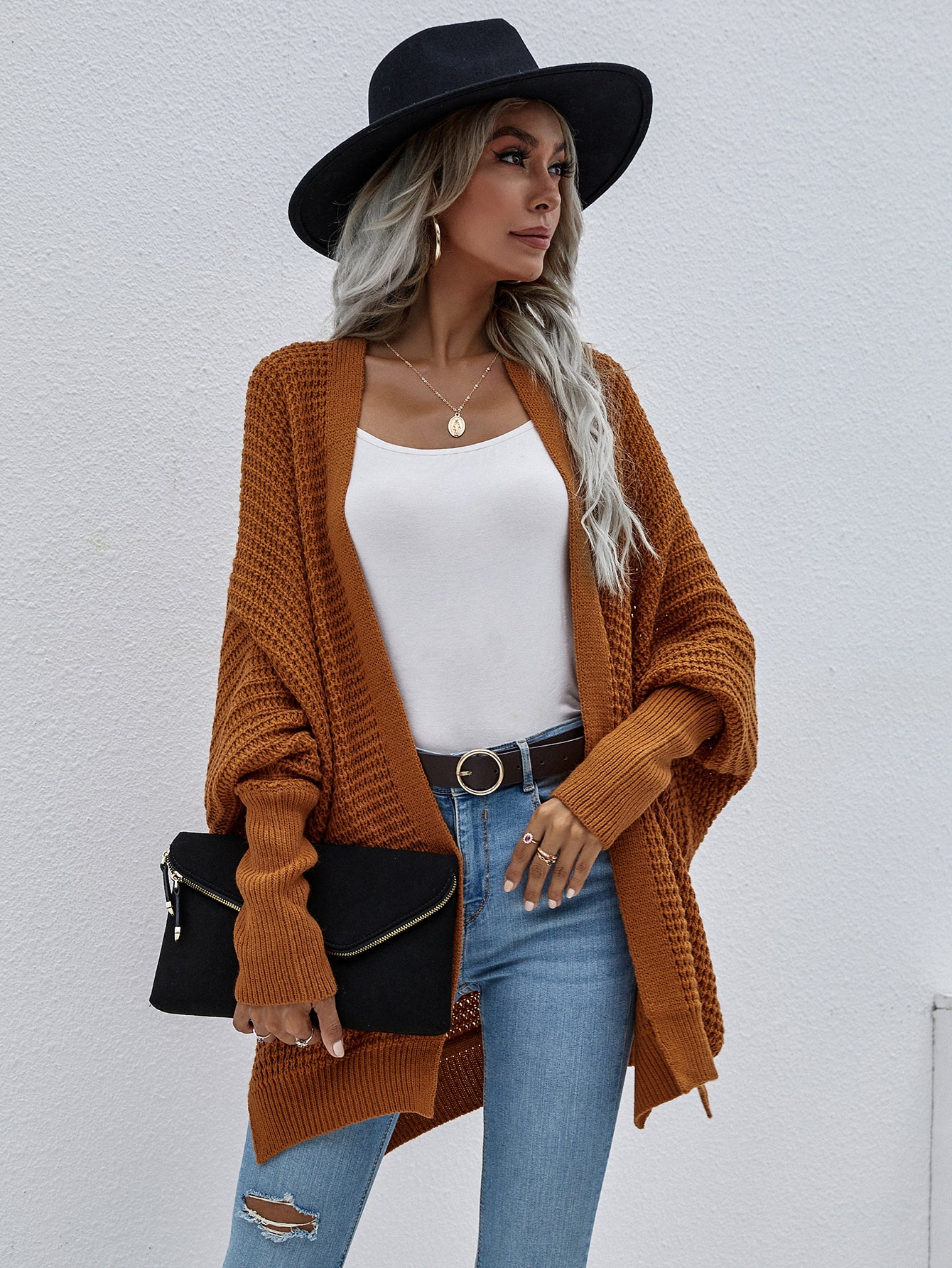 Waffle Knit Open Front Cardigan