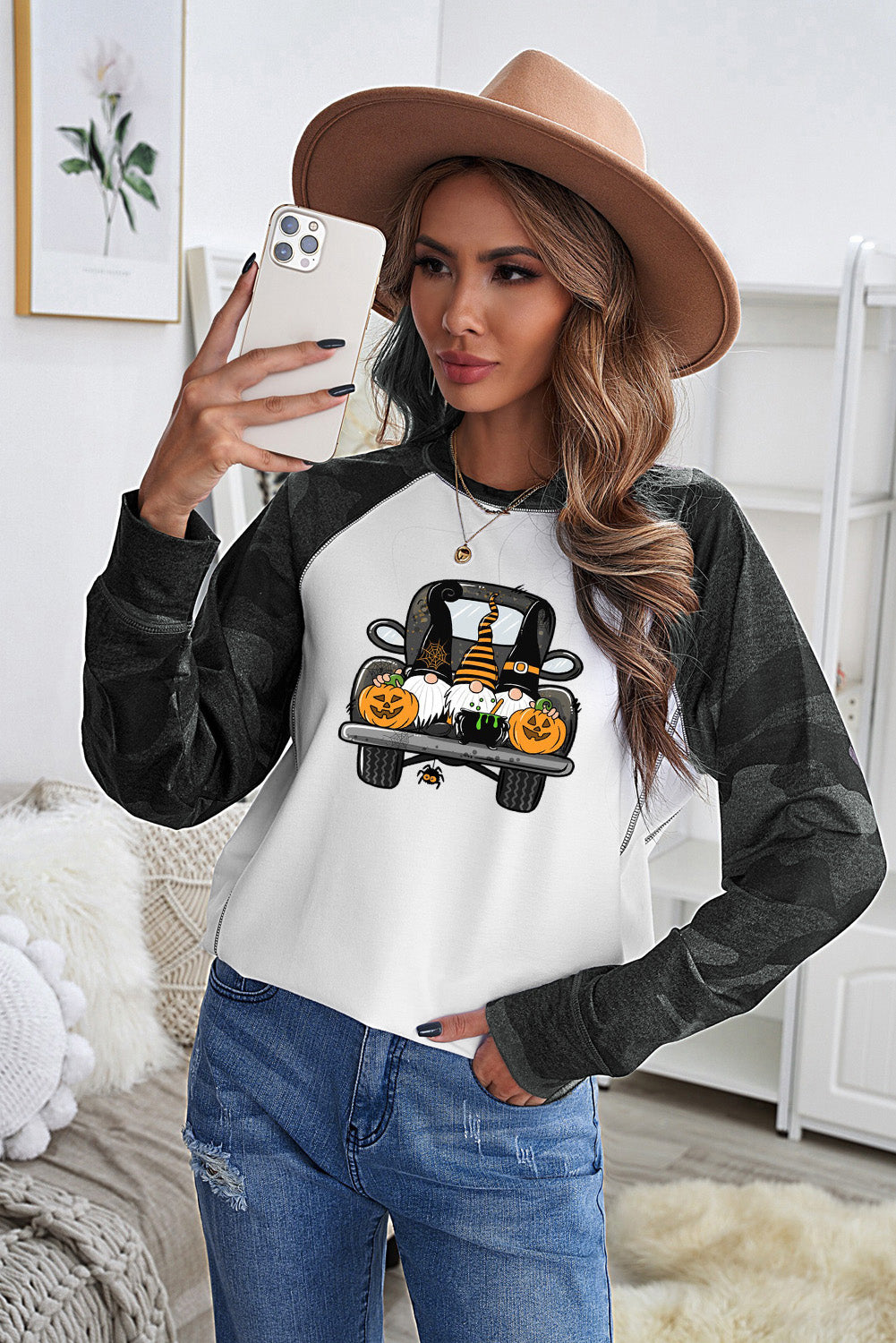 Halloween Car Graphic Camo Raglan Sleeve Sweatshirt