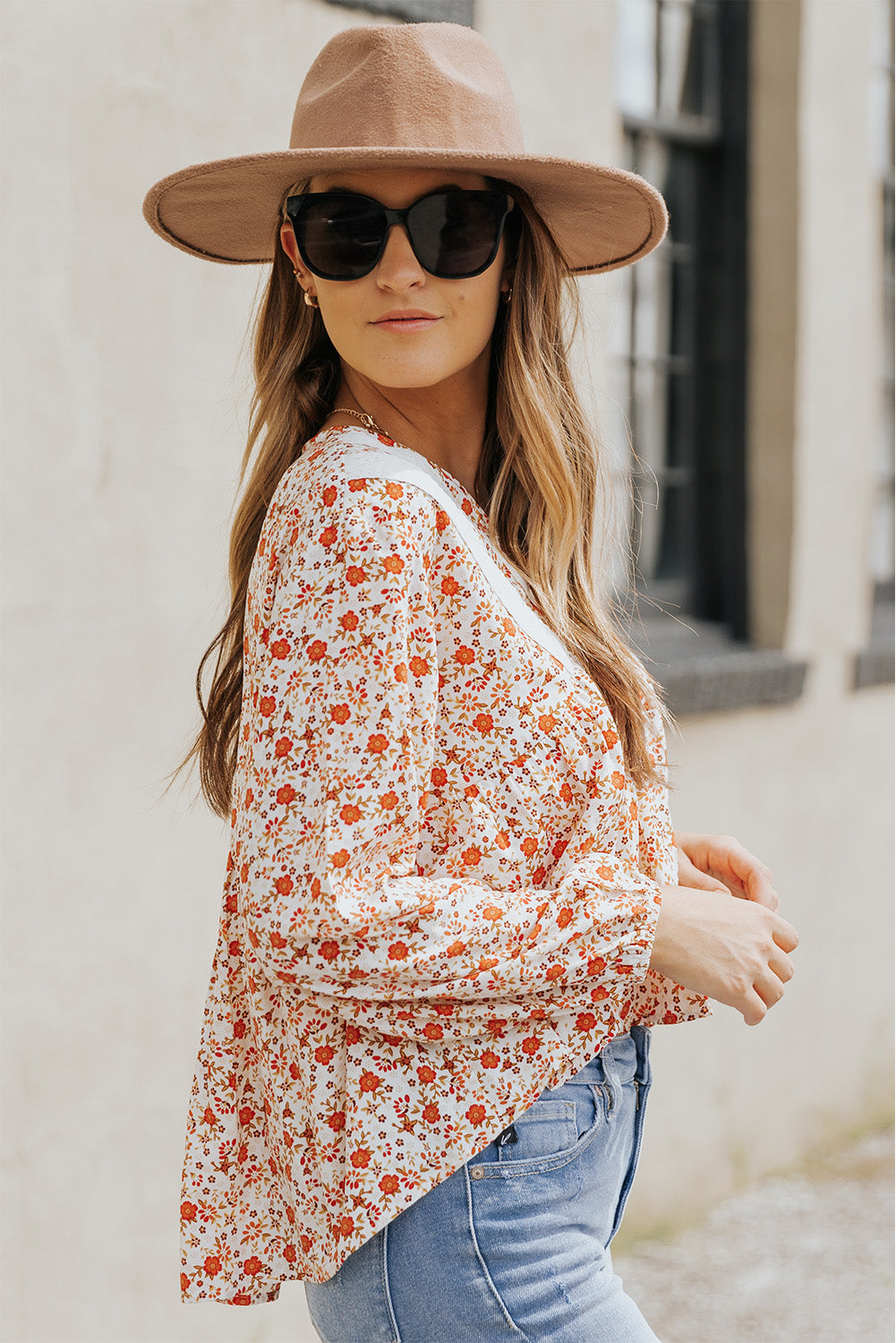 Floral Lace Contrast V-Neck Blouse