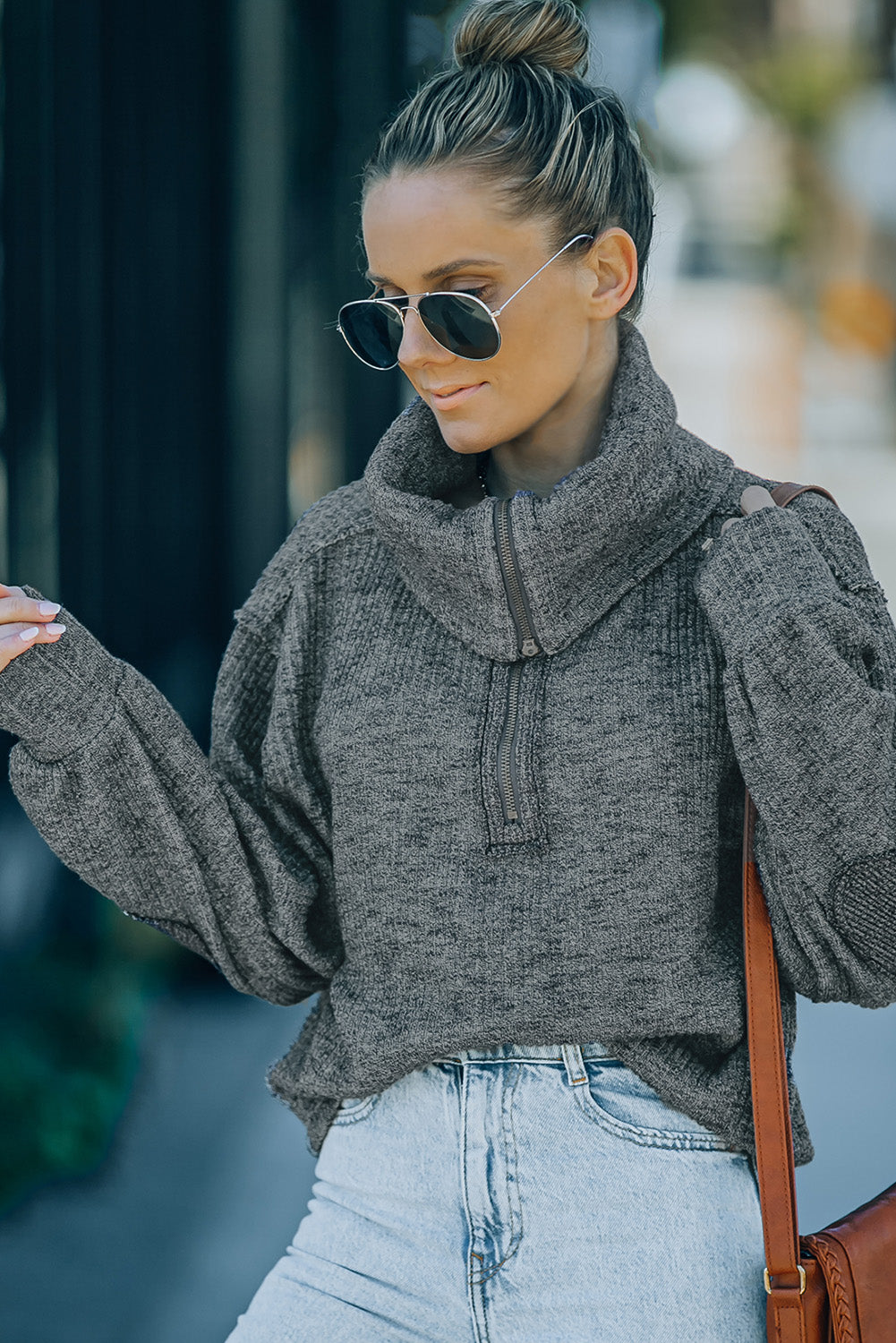 Heathered Ribbed Turtleneck Quarter-Zip Top