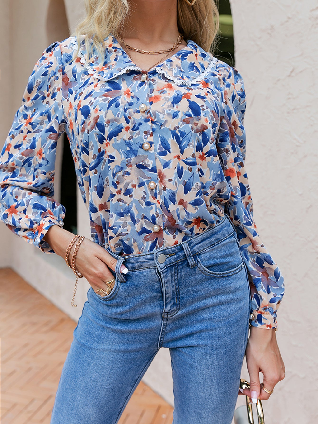 Floral Button Front Lace Trim Blouse