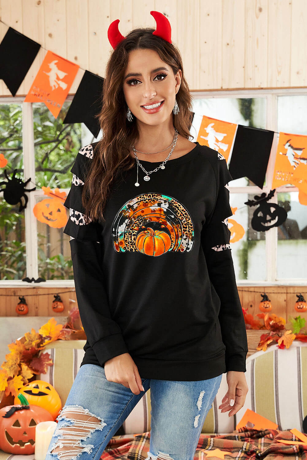 Halloween Pumpkin Graphic Leopard Distressed Sleeve Top