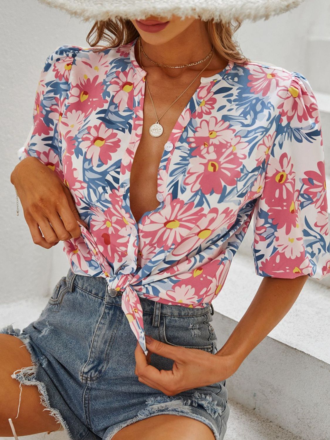 Floral Puff Sleeve V-Neck Shirt