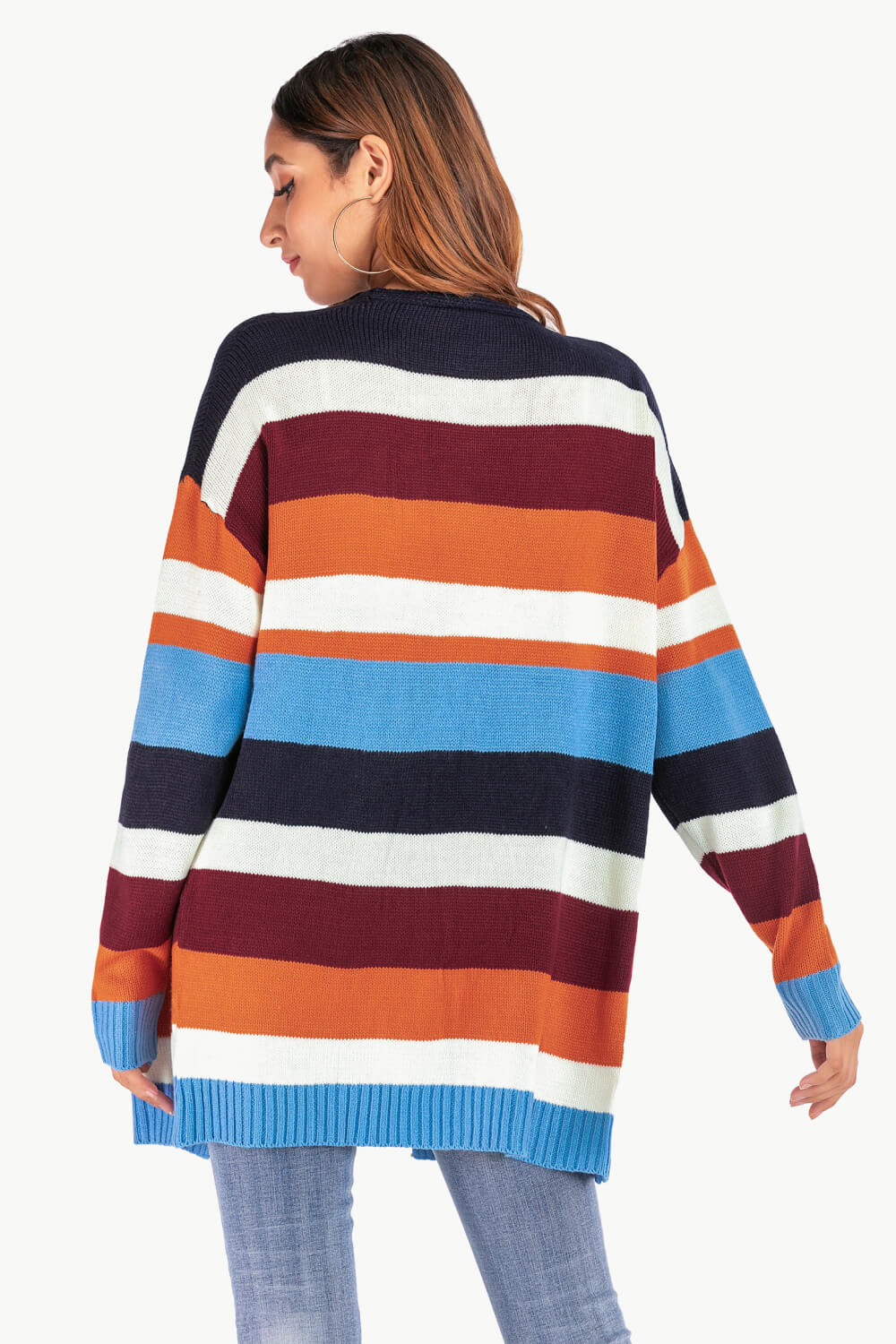 Multicolored Stripe Open Front Dropped Shoulder Cardigan