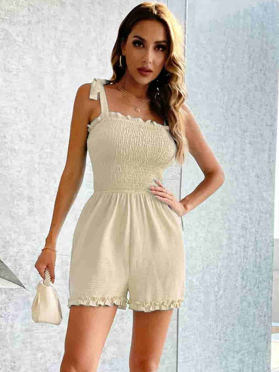 Smocked Frill Trim Tie-Shoulder Romper