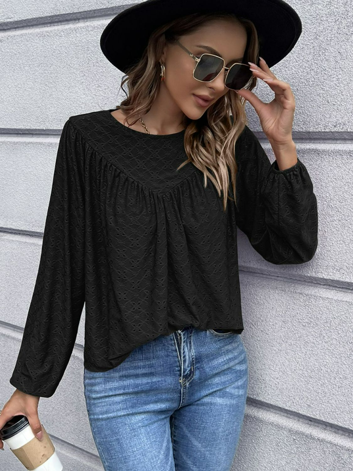 Openwork Gathered Detail Balloon Sleeve Blouse