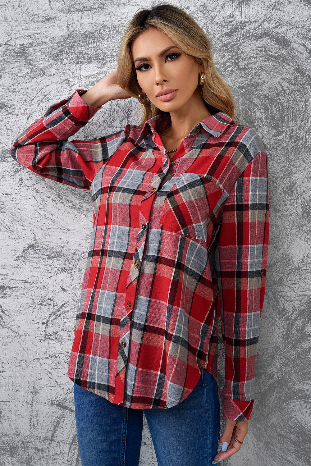 Plaid Button Front Curved Hem Collared Shirt