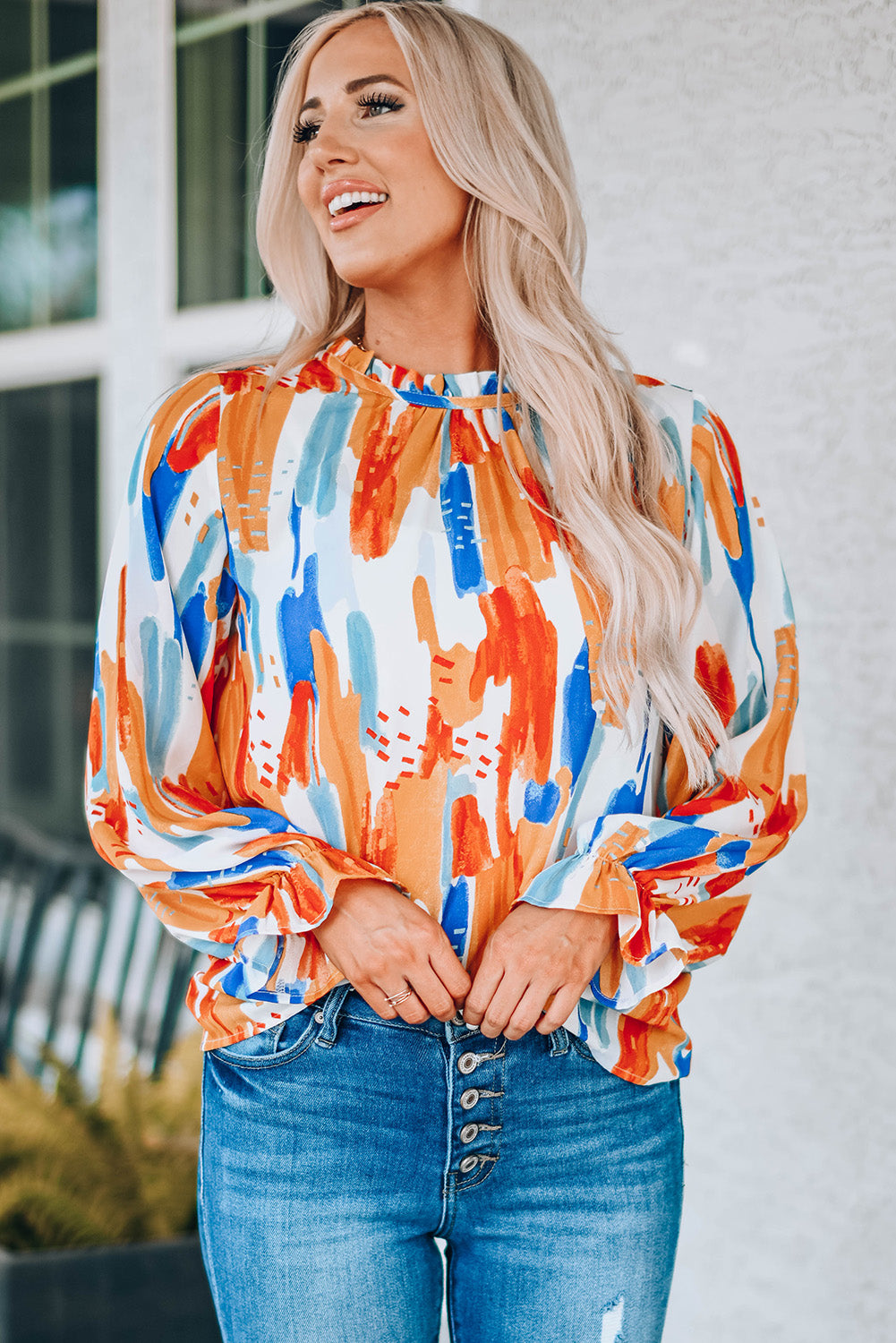 Paint Print Ruffle Collar Flounce Sleeve Top