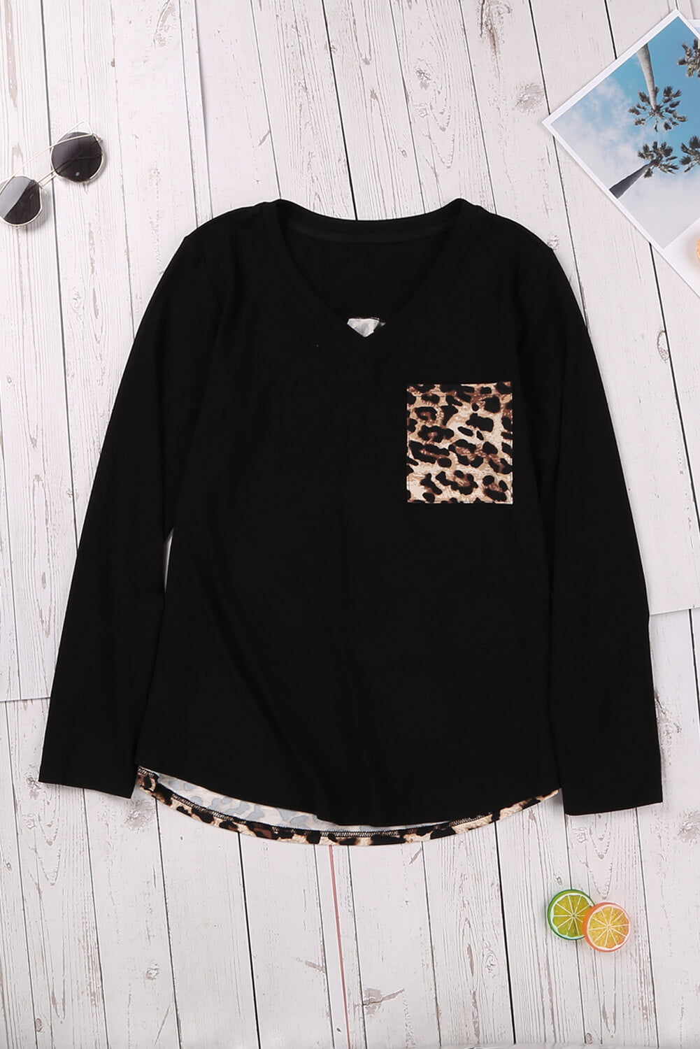 Contrast Leopard V-Neck Pocket Blouse