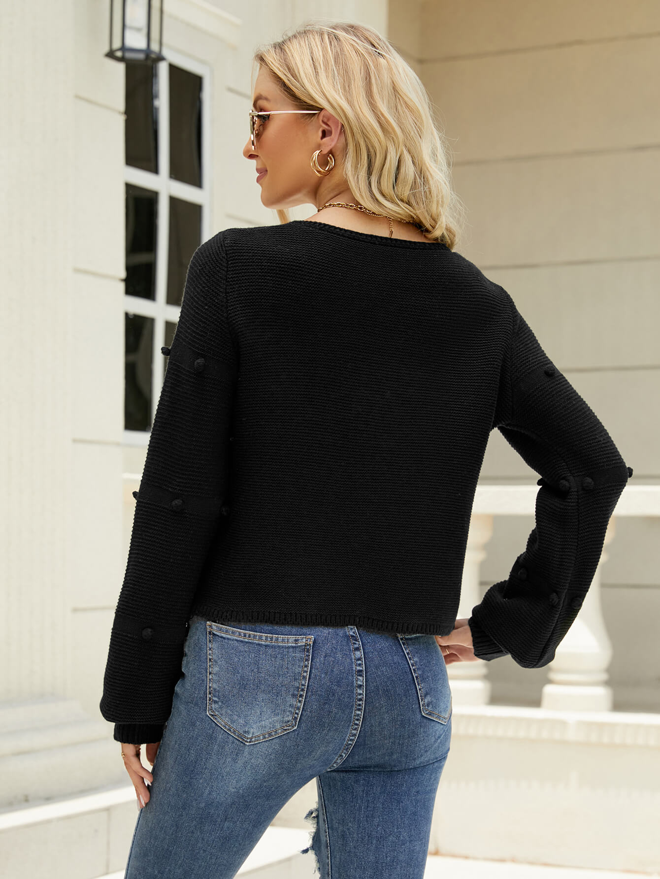 Pom-Pom Detail V-Neck Knit Sweater