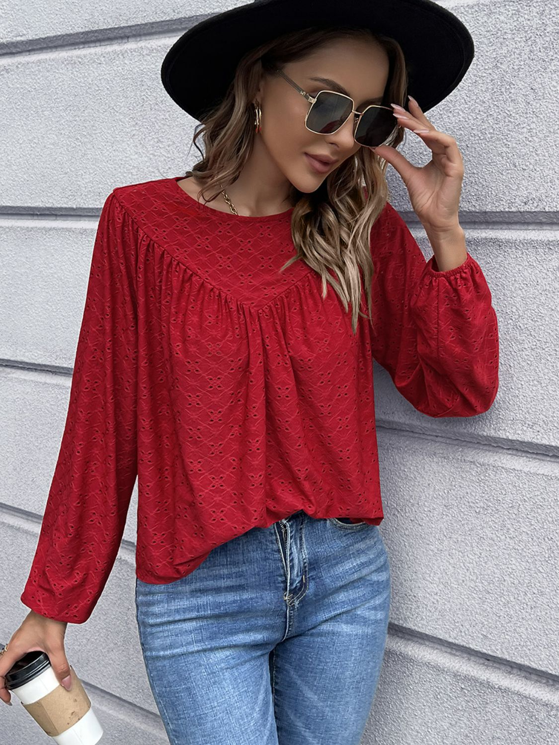 Openwork Gathered Detail Balloon Sleeve Blouse