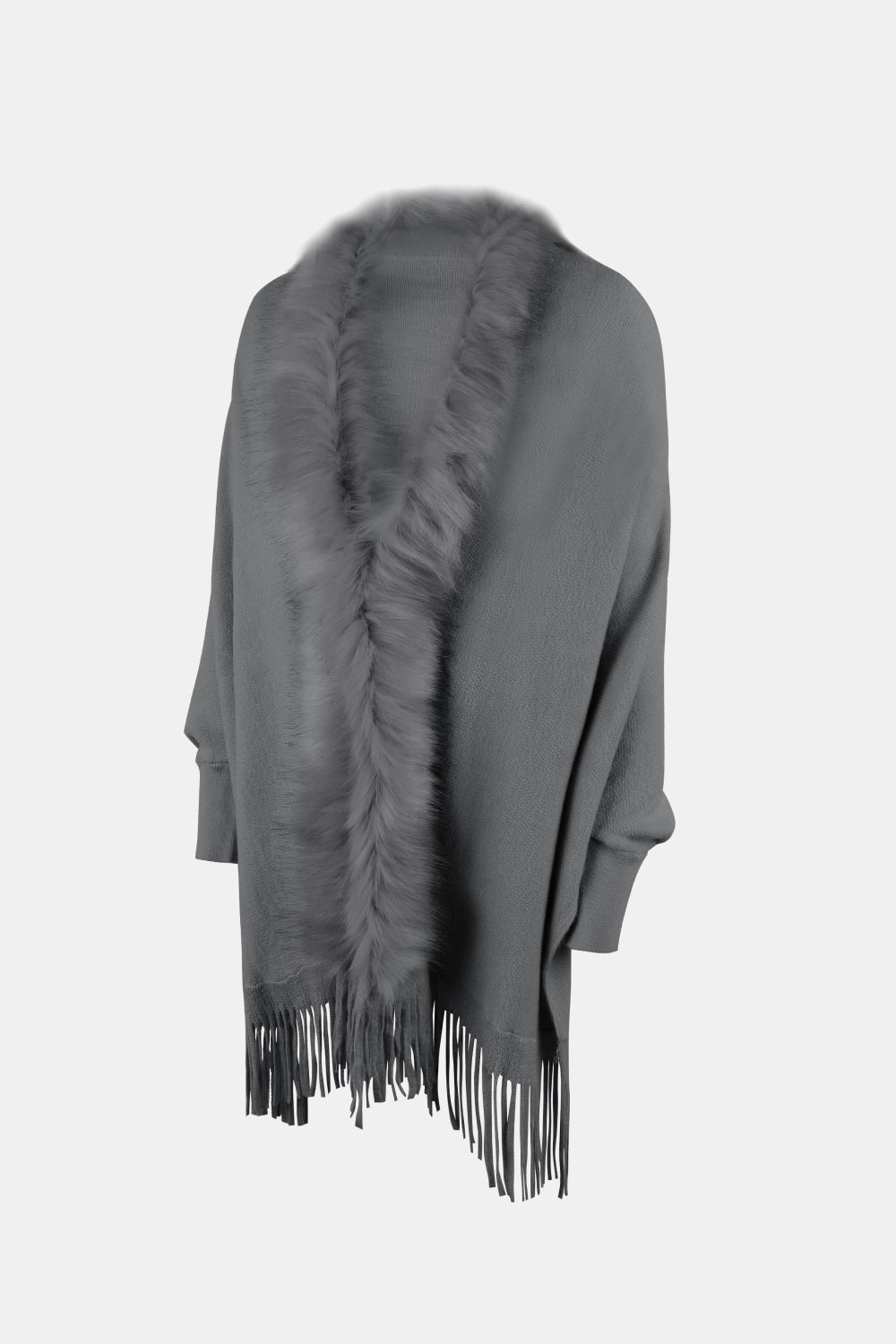 Faux Fur Trim Fringe Hem Poncho