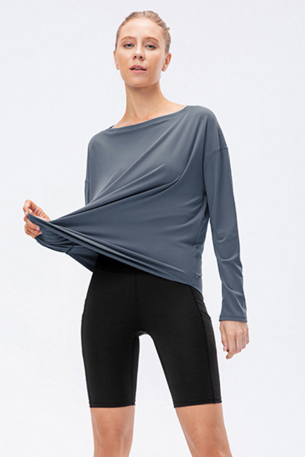 Exposed Seam Boat Neck Long Sleeve Yoga Tee