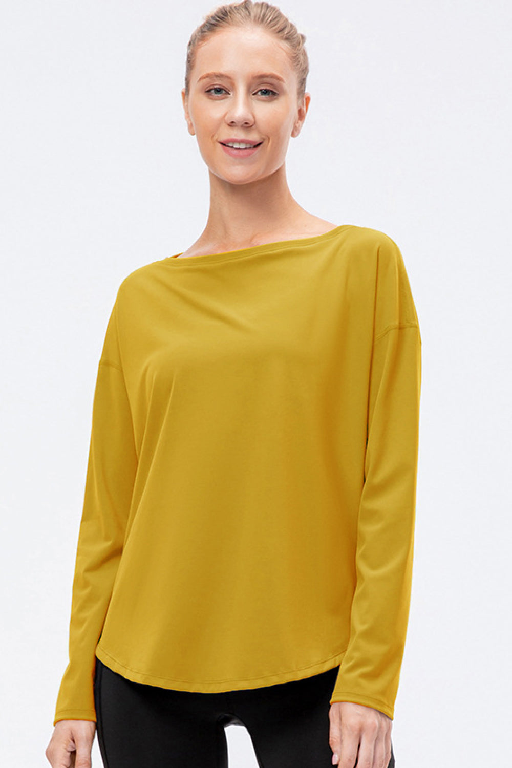 Exposed Seam Boat Neck Long Sleeve Yoga Tee