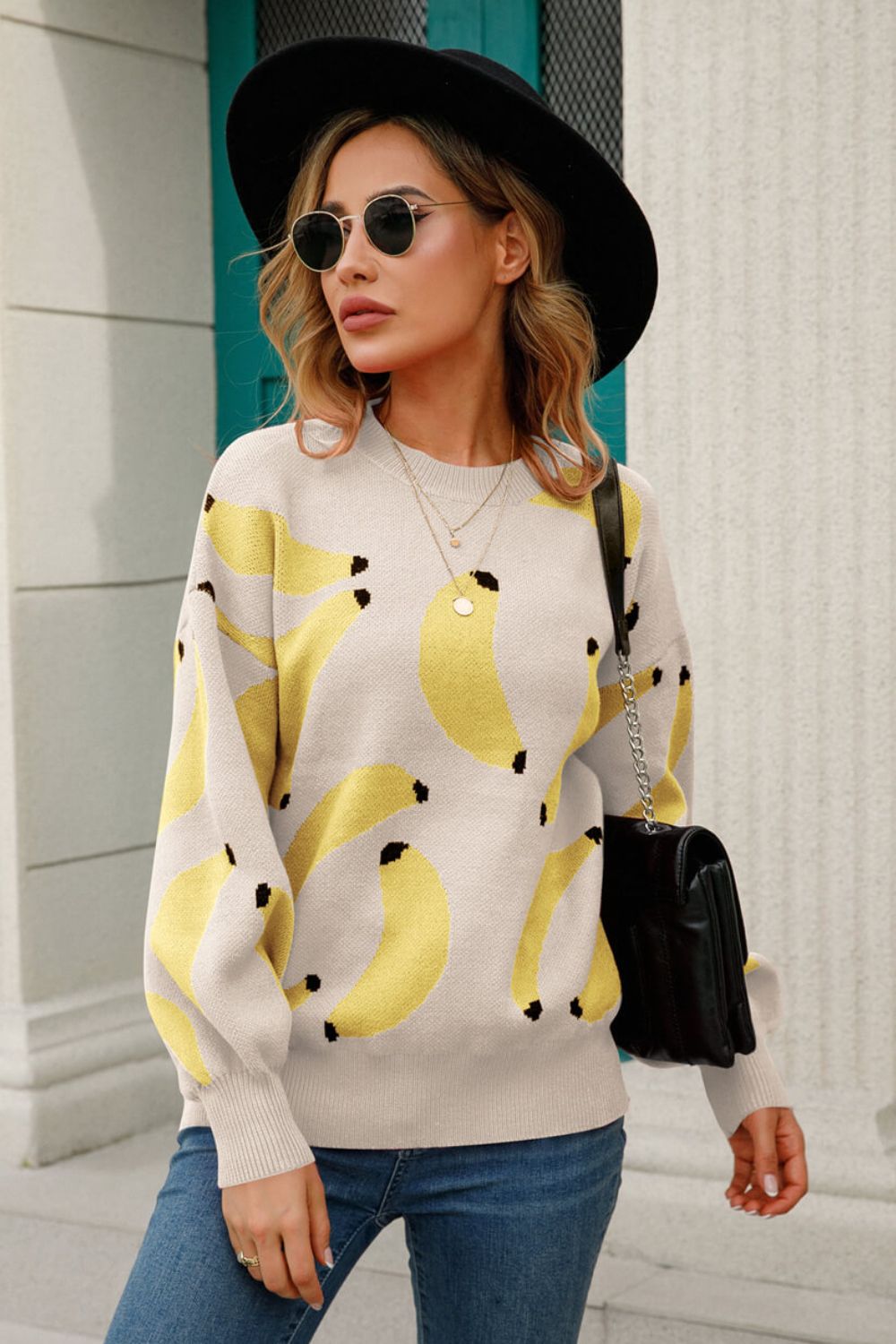 Fruit Pattern Dropped Shoulder Knit Pullover