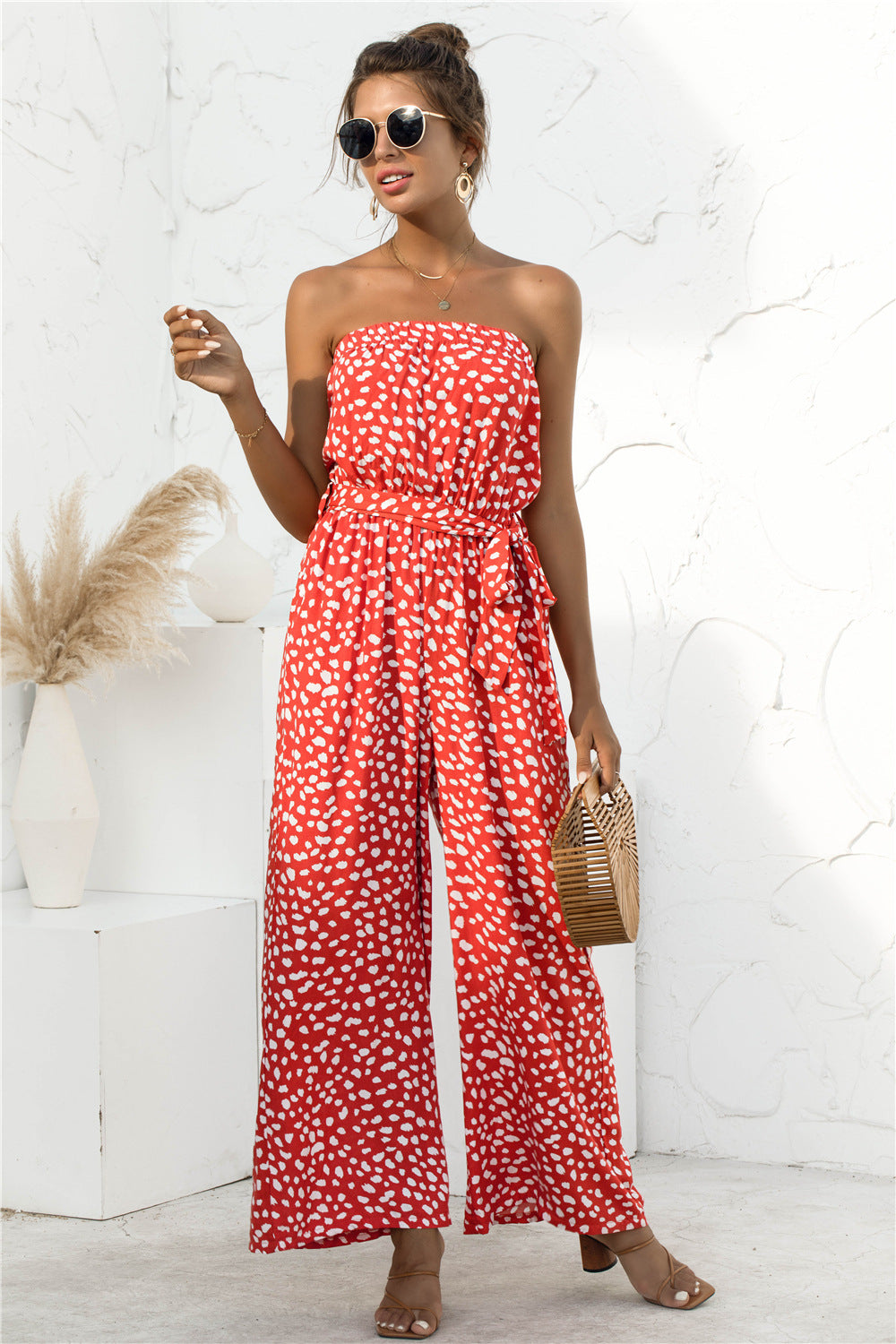 Printed Strapless Wide Leg Jumpsuit