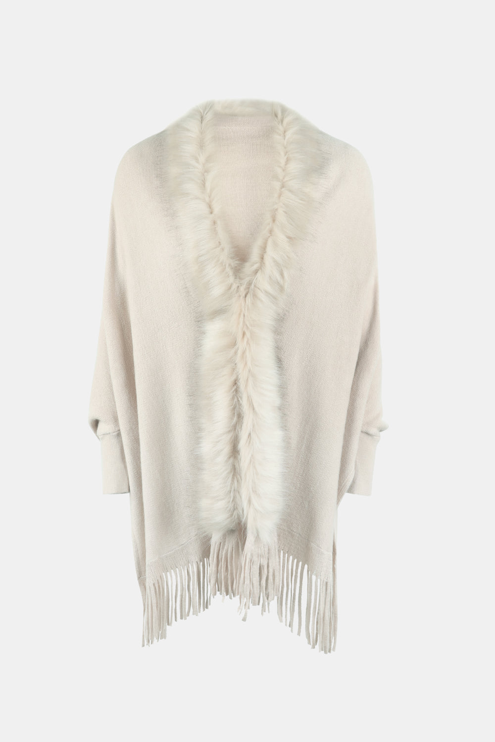 Faux Fur Trim Fringe Hem Poncho