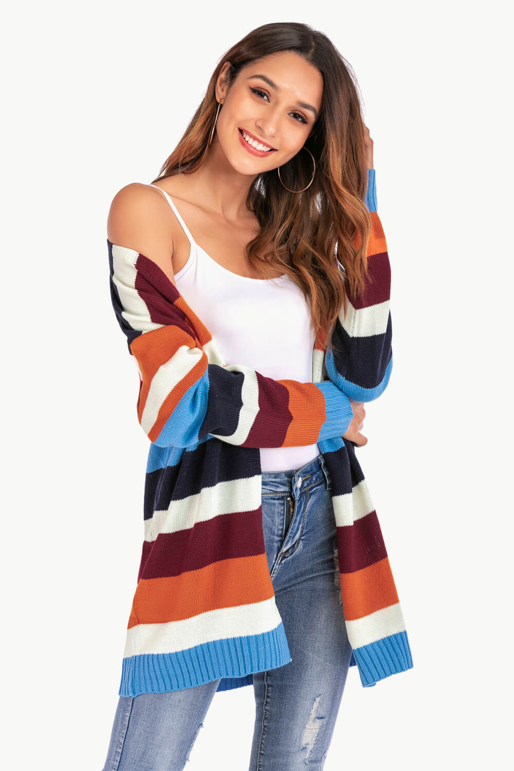 Multicolored Stripe Open Front Dropped Shoulder Cardigan