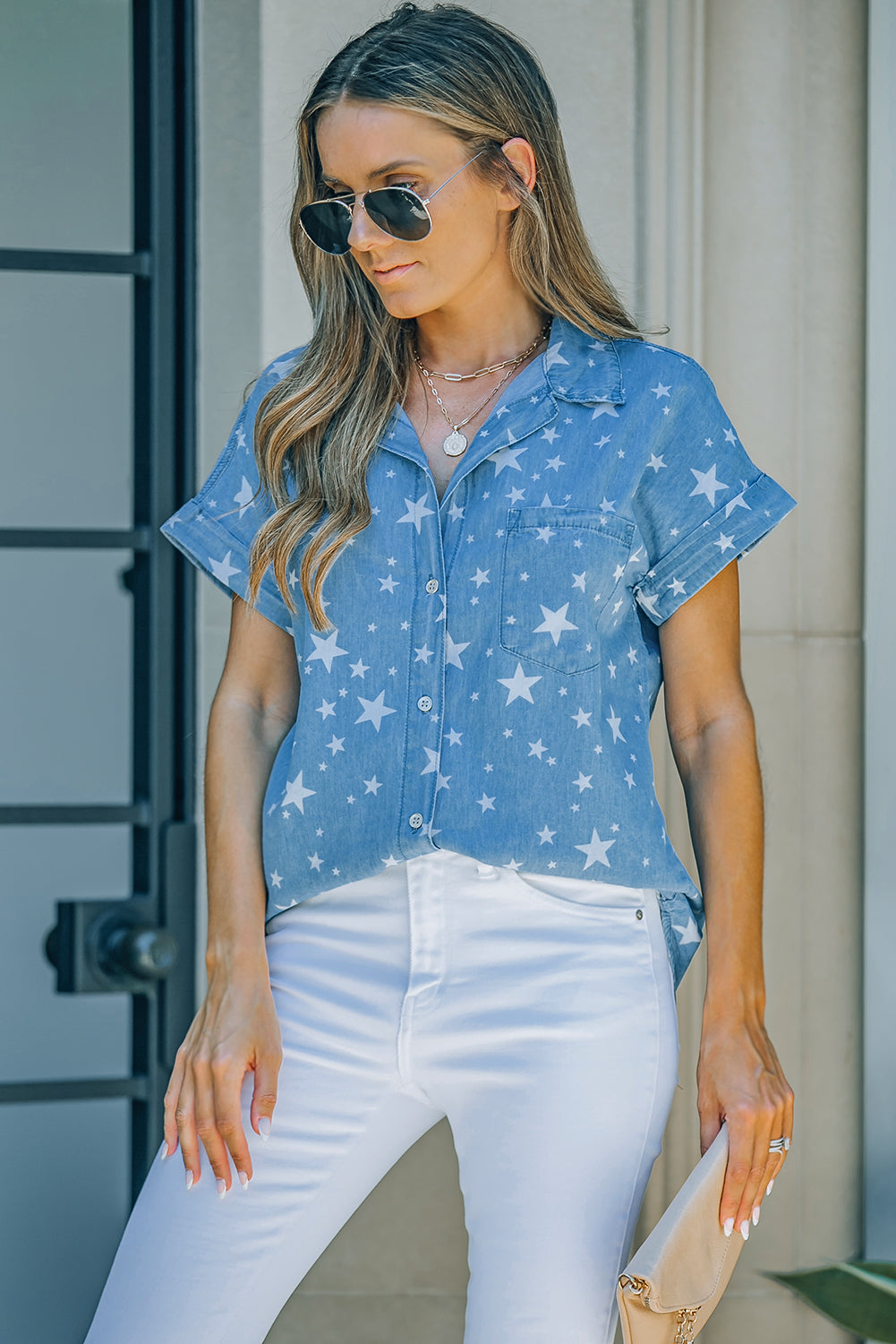 Star Print Button Front Denim Short Sleeve Shirt