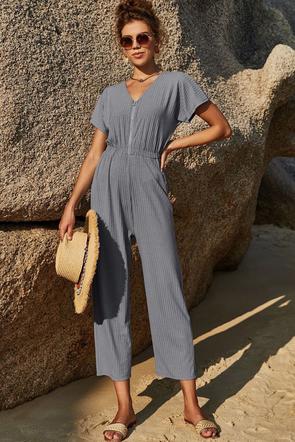 Elastic Waist Zip Up V-Neck Jumpsuit