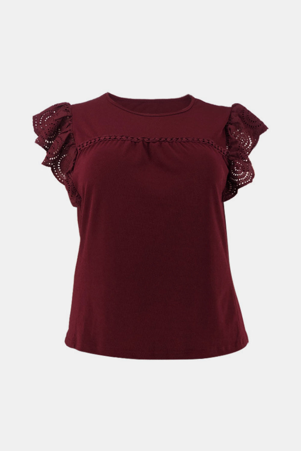 Plus Size Flutter Lace Sleeve Round Neck Top